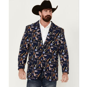 Men's Rock & Roll Denim Las Vegas Print Blazer 42R Navy Gold Red